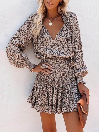 Contrast Color Leopard Pleated Split-Joint Tied A-Line Long Sleeves V-Neck Mini Dresses - Seldom Seen Styles