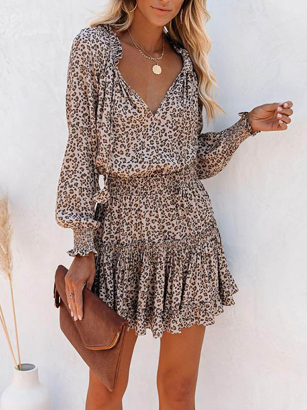 Contrast Color Leopard Pleated Split-Joint Tied A-Line Long Sleeves V-Neck Mini Dresses - Seldom Seen Styles