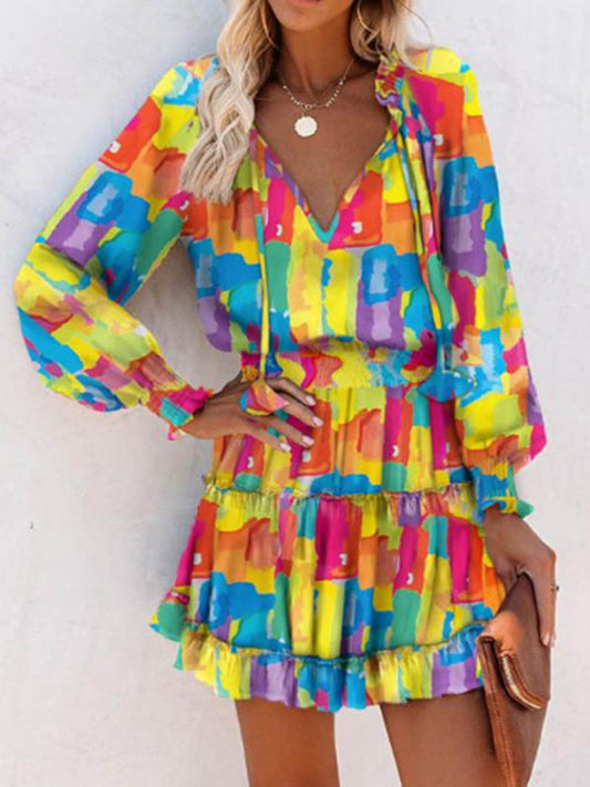 Contrast Color Pleated Split-Joint Tied A-Line Long Sleeves V-Neck Mini Dresses - Seldom Seen Styles