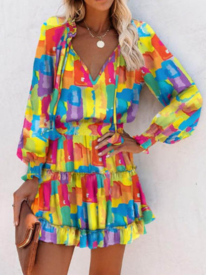 Contrast Color Pleated Split-Joint Tied A-Line Long Sleeves V-Neck Mini Dresses - Seldom Seen Styles