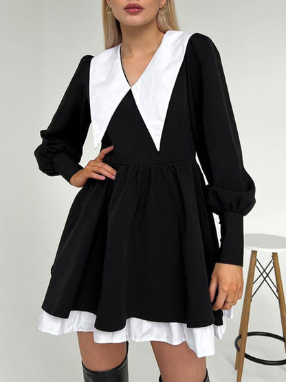 Contrast Color Pleated Tiered Long Sleeves Loose Peter Pan Collar Mini Dresses - Seldom Seen Styles