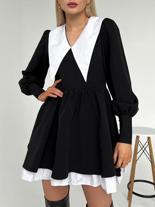 Contrast Color Pleated Tiered Long Sleeves Loose Peter Pan Collar Mini Dresses - Seldom Seen Styles
