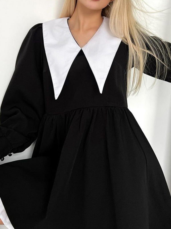 Contrast Color Pleated Tiered Long Sleeves Loose Peter Pan Collar Mini Dresses - Seldom Seen Styles