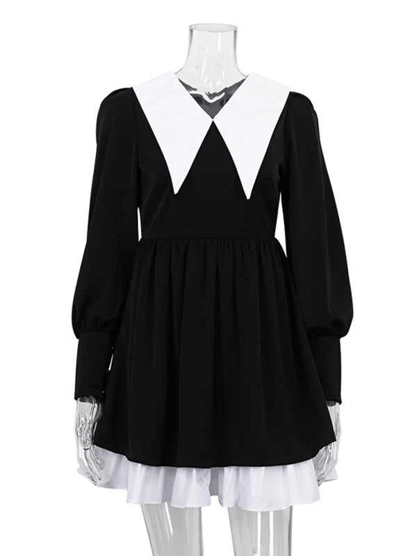 Contrast Color Pleated Tiered Long Sleeves Loose Peter Pan Collar Mini Dresses - Seldom Seen Styles