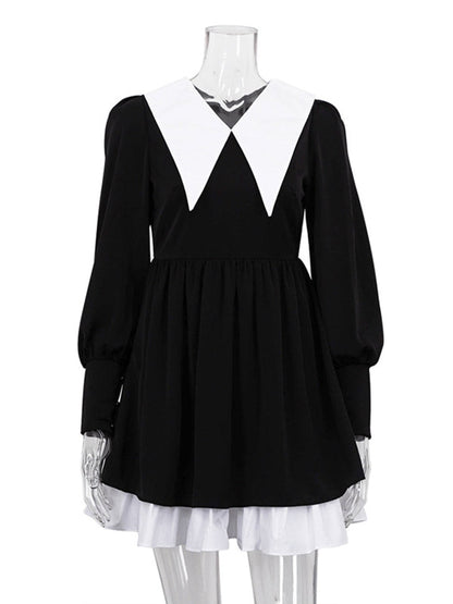 Contrast Color Pleated Tiered Long Sleeves Loose Peter Pan Collar Mini Dresses - Seldom Seen Styles