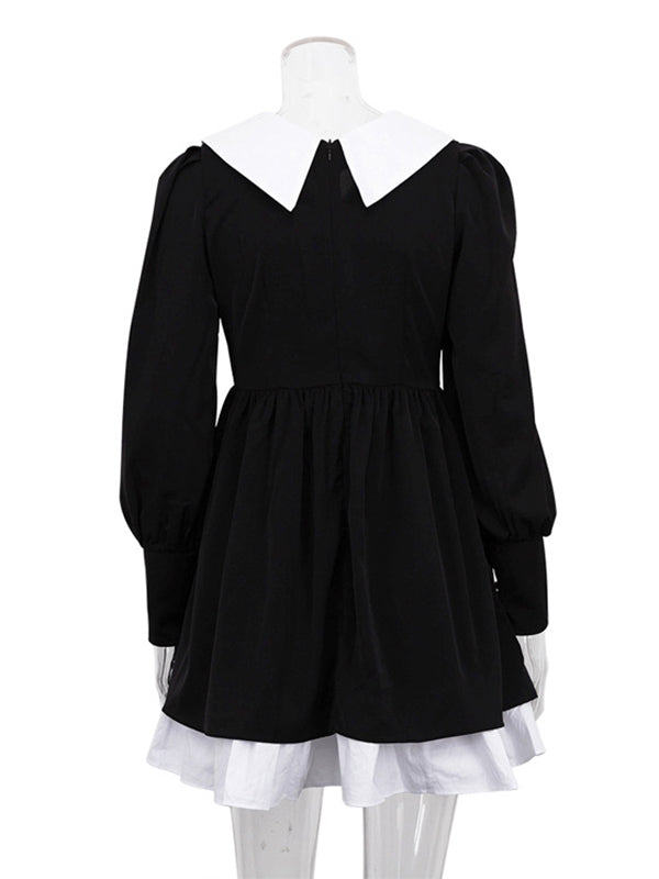 Contrast Color Pleated Tiered Long Sleeves Loose Peter Pan Collar Mini Dresses - Seldom Seen Styles