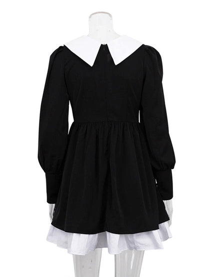Contrast Color Pleated Tiered Long Sleeves Loose Peter Pan Collar Mini Dresses - Seldom Seen Styles