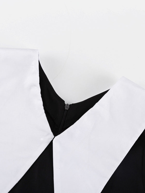 Contrast Color Pleated Tiered Long Sleeves Loose Peter Pan Collar Mini Dresses - Seldom Seen Styles