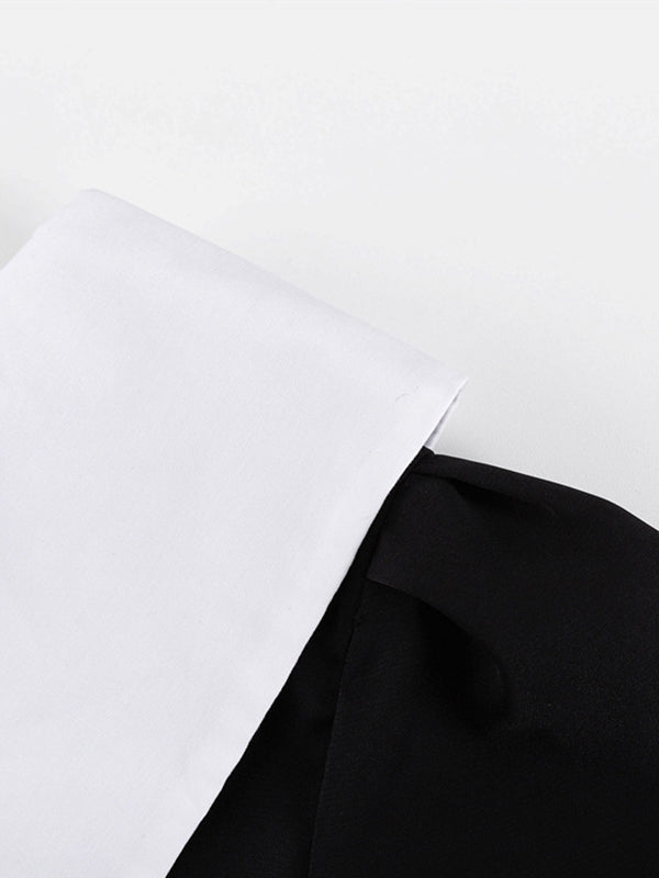 Contrast Color Pleated Tiered Long Sleeves Loose Peter Pan Collar Mini Dresses - Seldom Seen Styles