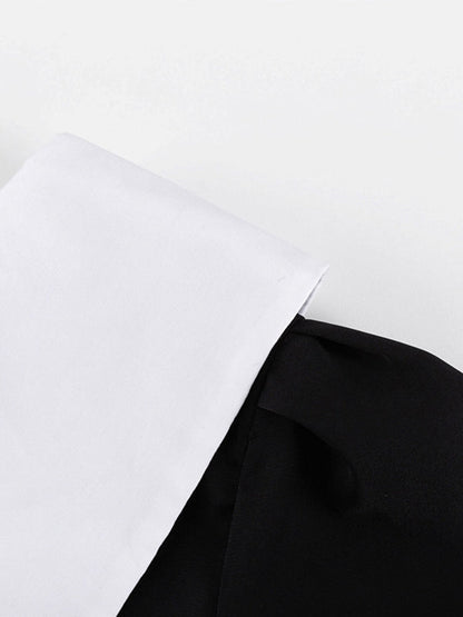 Contrast Color Pleated Tiered Long Sleeves Loose Peter Pan Collar Mini Dresses - Seldom Seen Styles