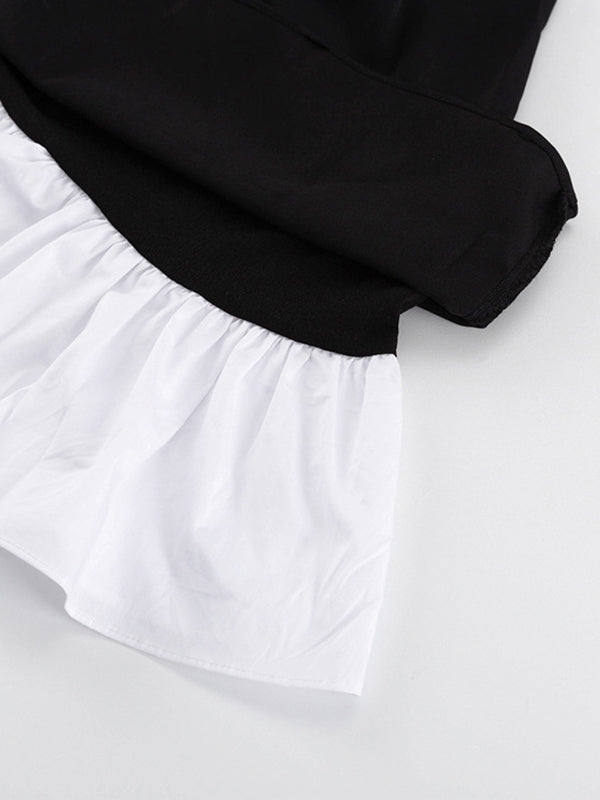 Contrast Color Pleated Tiered Long Sleeves Loose Peter Pan Collar Mini Dresses - Seldom Seen Styles