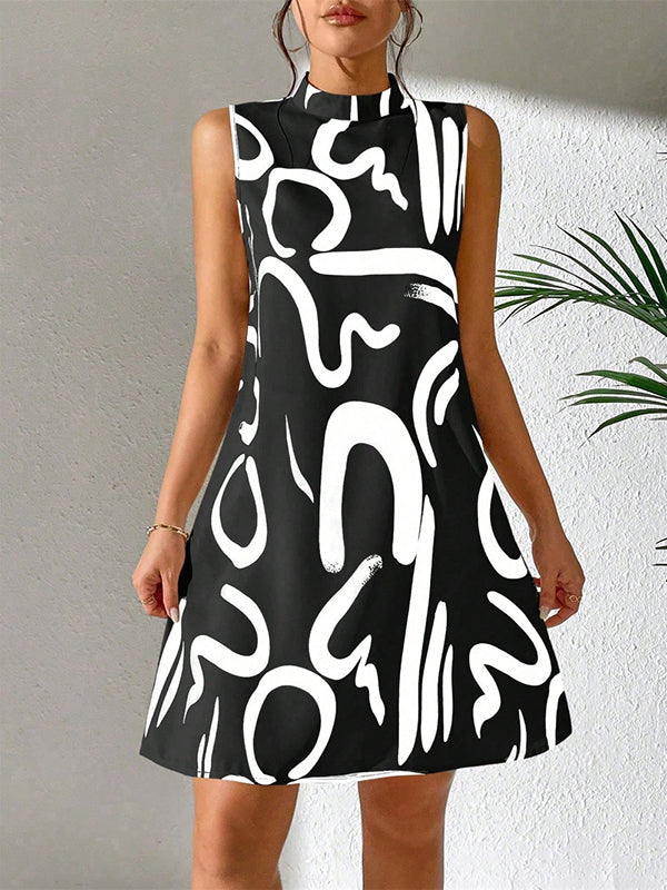 Contrast Color Printed A-line Sleeveless Mini Dresses - Seldom Seen Styles