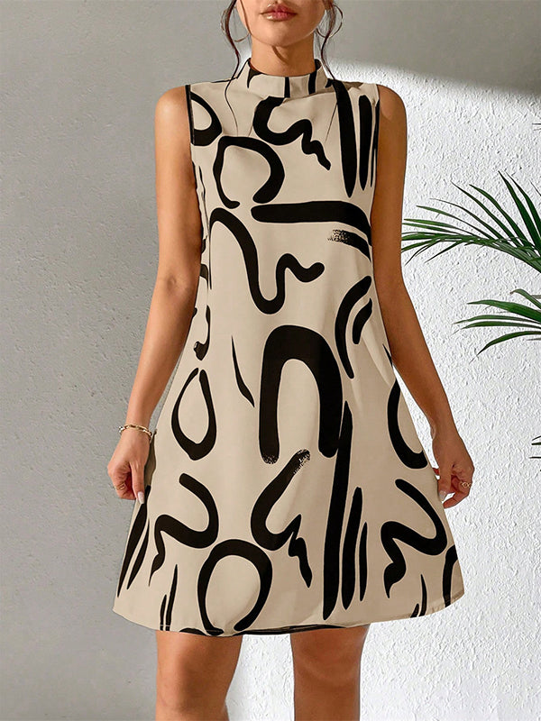 Contrast Color Printed A-line Sleeveless Mini Dresses - Seldom Seen Styles