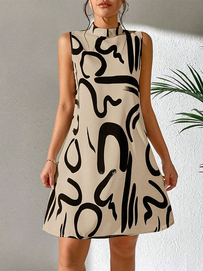 Contrast Color Printed A-line Sleeveless Mini Dresses - Seldom Seen Styles