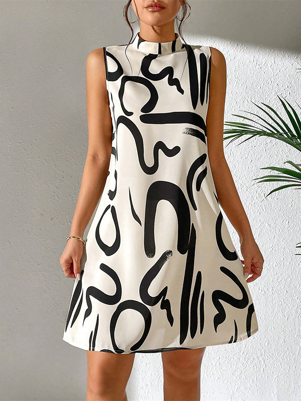 Contrast Color Printed A-line Sleeveless Mini Dresses - Seldom Seen Styles
