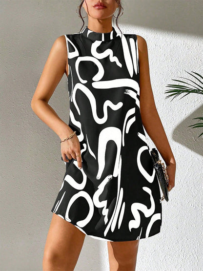 Contrast Color Printed A-line Sleeveless Mini Dresses - Seldom Seen Styles