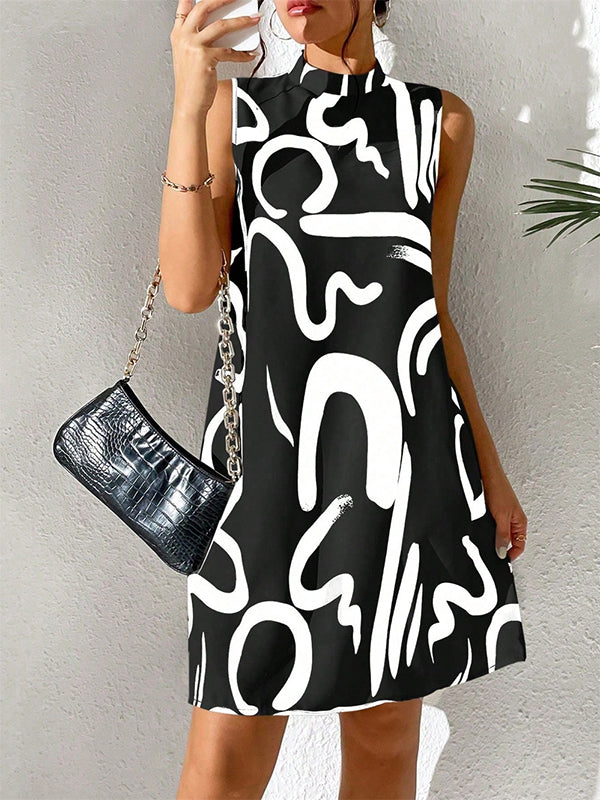 Contrast Color Printed A-line Sleeveless Mini Dresses - Seldom Seen Styles