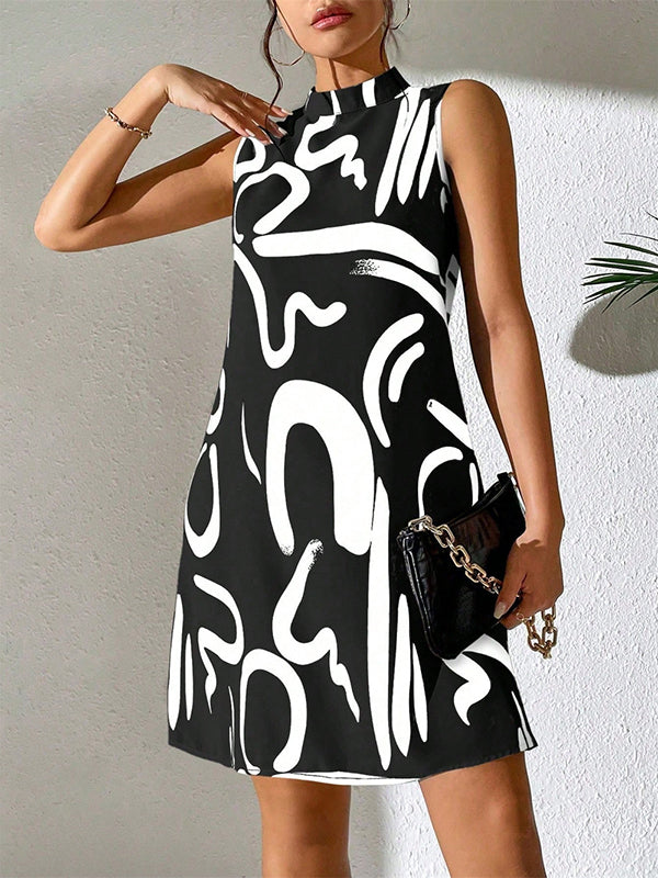 Contrast Color Printed A-line Sleeveless Mini Dresses - Seldom Seen Styles