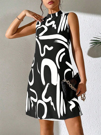 Contrast Color Printed A-line Sleeveless Mini Dresses - Seldom Seen Styles