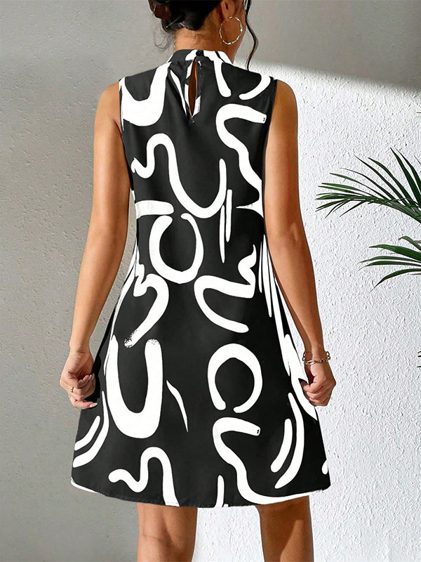 Contrast Color Printed A-line Sleeveless Mini Dresses - Seldom Seen Styles