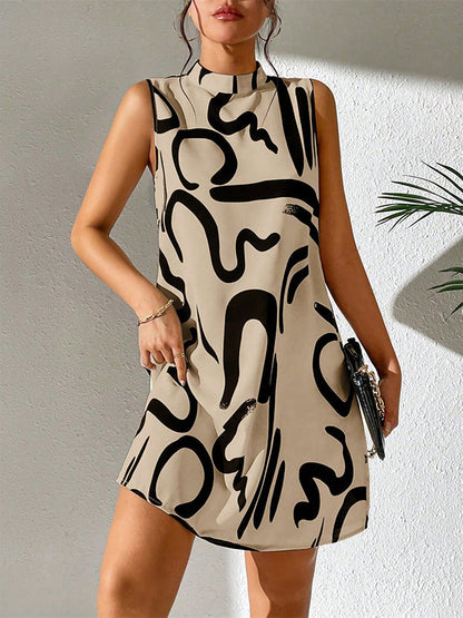 Contrast Color Printed A-line Sleeveless Mini Dresses - Seldom Seen Styles