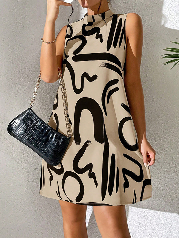 Contrast Color Printed A-line Sleeveless Mini Dresses - Seldom Seen Styles