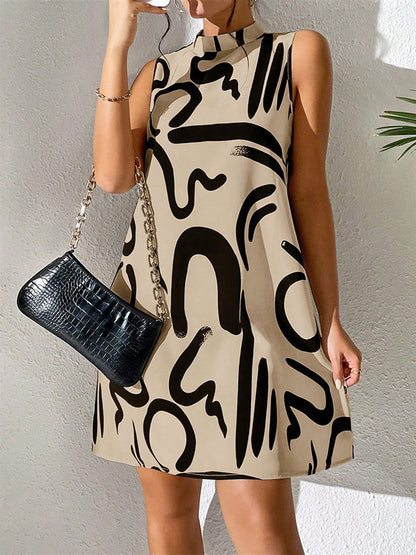 Contrast Color Printed A-line Sleeveless Mini Dresses - Seldom Seen Styles