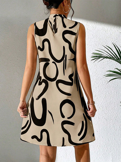 Contrast Color Printed A-line Sleeveless Mini Dresses - Seldom Seen Styles