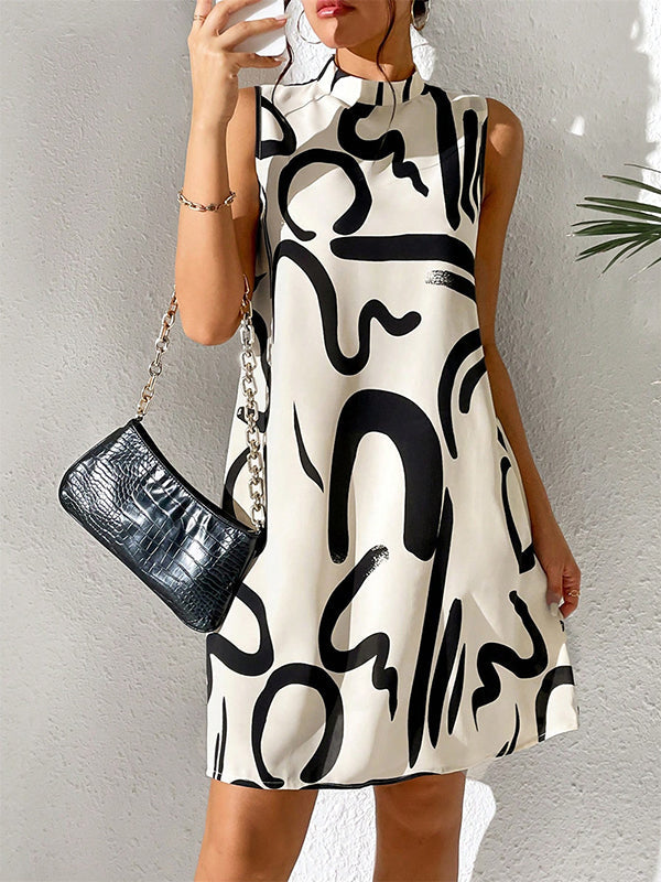 Contrast Color Printed A-line Sleeveless Mini Dresses - Seldom Seen Styles