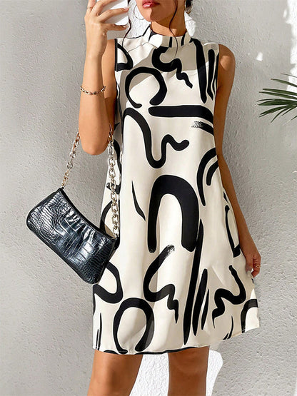 Contrast Color Printed A-line Sleeveless Mini Dresses - Seldom Seen Styles