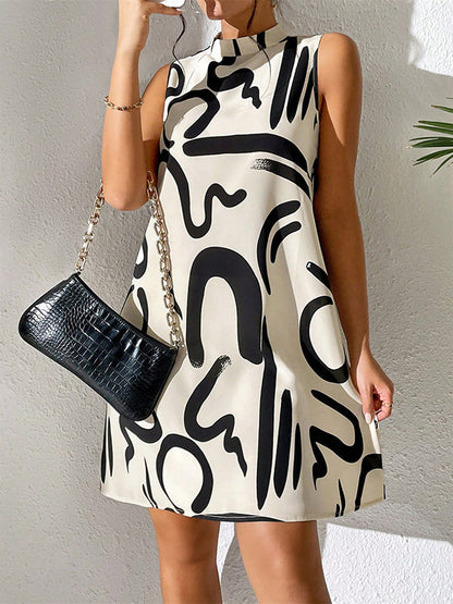 Contrast Color Printed A-line Sleeveless Mini Dresses - Seldom Seen Styles