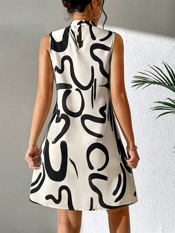 Contrast Color Printed A-line Sleeveless Mini Dresses - Seldom Seen Styles