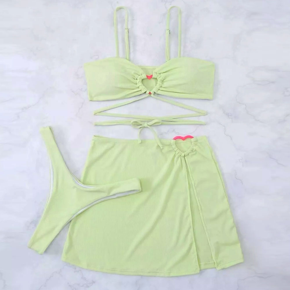 Contrast Ribbed Sarong Heart Trim Brazilian Three Piece Bikini Swimsuit - Seldom Seen Styles