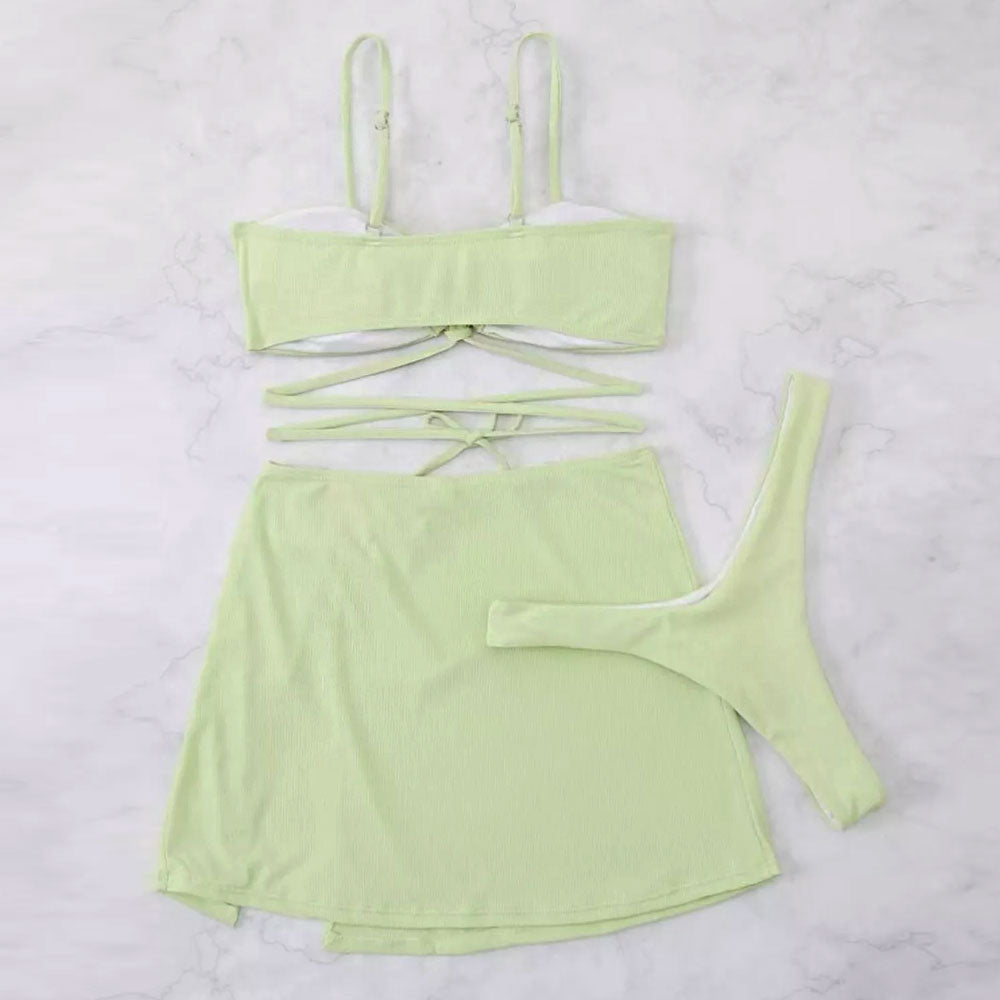 Contrast Ribbed Sarong Heart Trim Brazilian Three Piece Bikini Swimsuit - Seldom Seen Styles