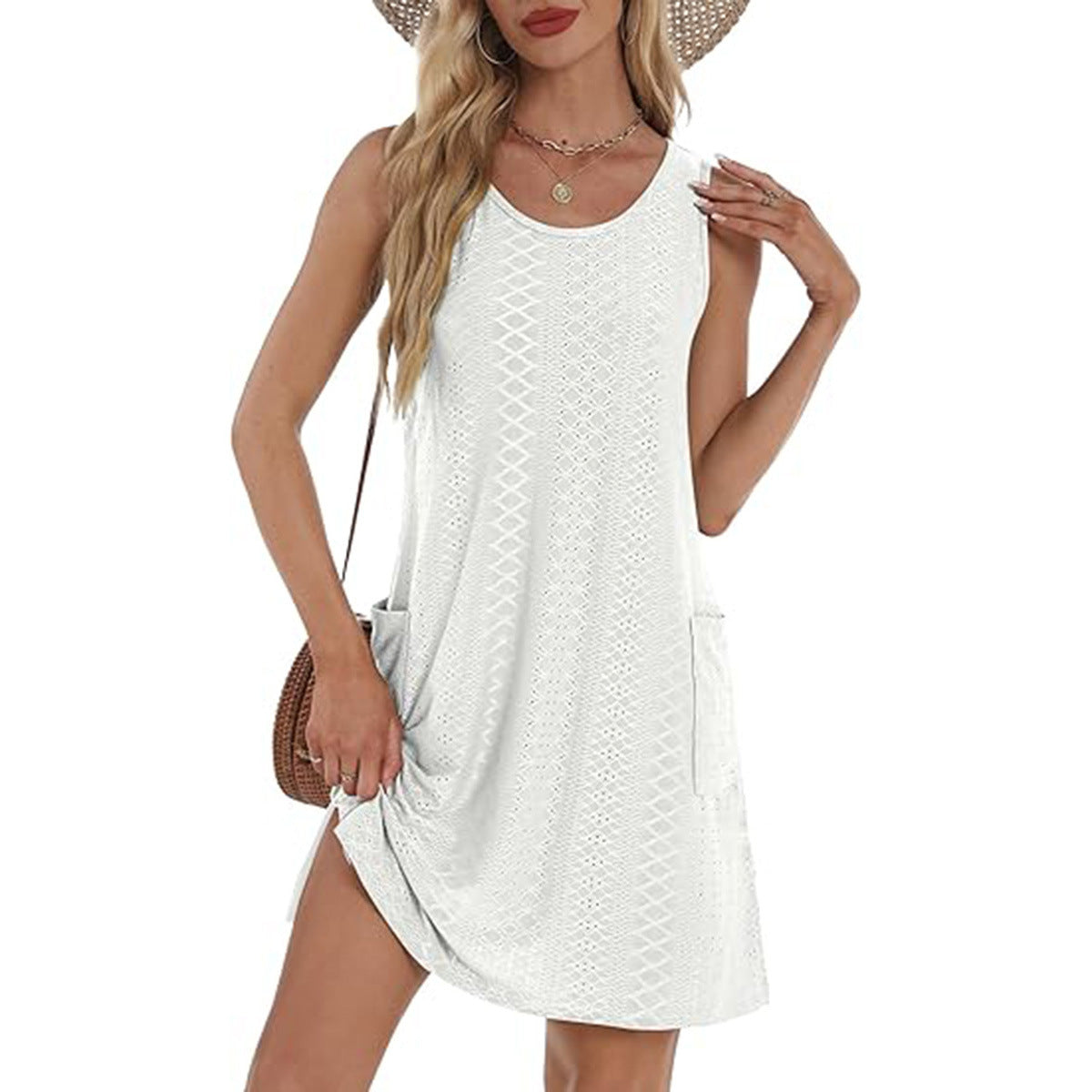 Coverup Summer Dresses for Women 2025 Eyelet Casual Loose Sleeveless Sundresses Tank Dresses with Pockets - Seldom Seen Styles
