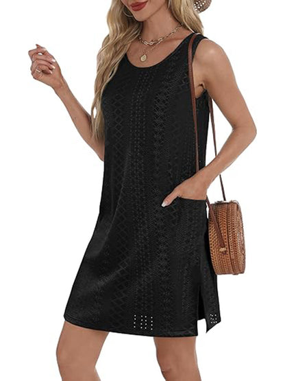 Coverup Summer Dresses for Women 2025 Eyelet Casual Loose Sleeveless Sundresses Tank Dresses with Pockets - Seldom Seen Styles
