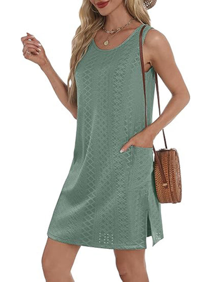 Coverup Summer Dresses for Women 2025 Eyelet Casual Loose Sleeveless Sundresses Tank Dresses with Pockets - Seldom Seen Styles