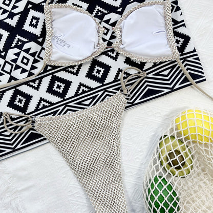 Crochet Net Trim O Ring Halter Brazilian Two Piece Bikini Swimsuit - Seldom Seen Styles