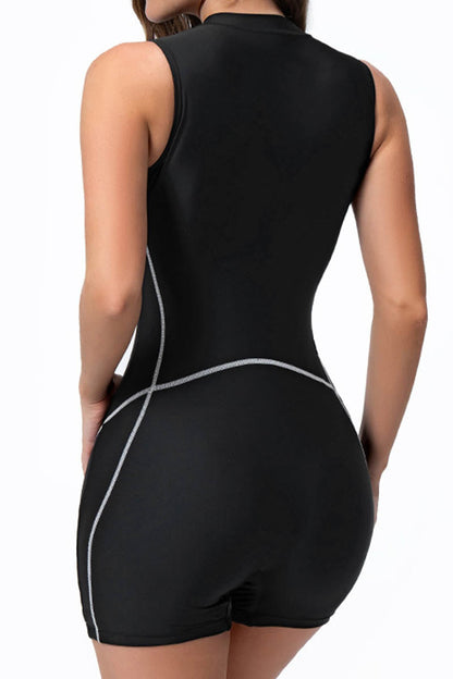 Crossing Lines Printed Patchwork Round Collar Sleeveless One Piece Swimsuit Wetsuit Short Swimming Trunks - Seldom Seen Styles