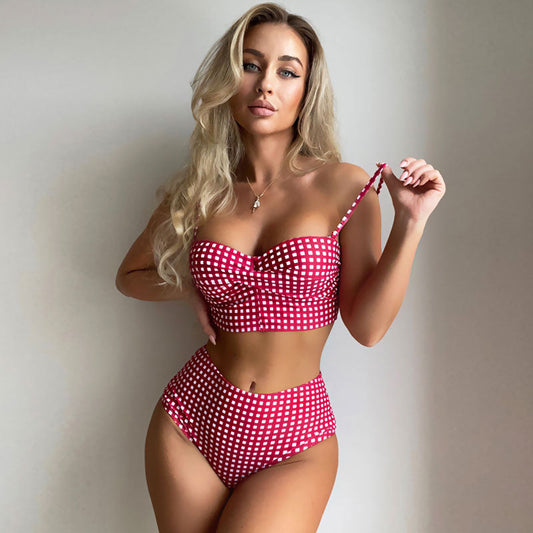 Cute Gingham High Waist Twist Ruched Bralette Brazilian Two Piece Bikini Swimsuit - Seldom Seen Styles