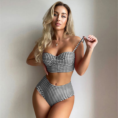 Cute Gingham High Waist Twist Ruched Bralette Brazilian Two Piece Bikini Swimsuit - Seldom Seen Styles