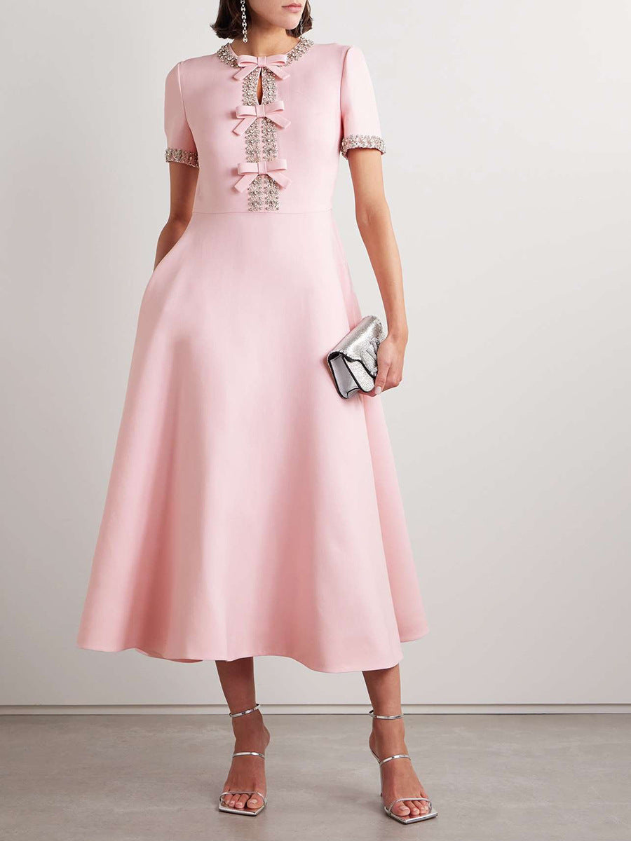 Cutout Midi Dress with Crystal Embroidery and Bow Details- - Seldom Seen Styles
