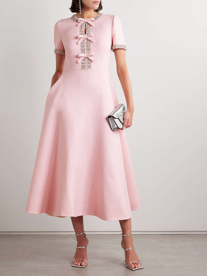 Cutout Midi Dress with Crystal Embroidery and Bow Details- - Seldom Seen Styles