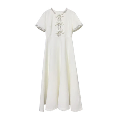 Cutout Midi Dress with Crystal Embroidery and Bow Details- - Seldom Seen Styles