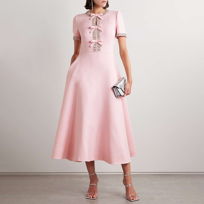 Cutout Midi Dress with Crystal Embroidery and Bow Details- - Seldom Seen Styles