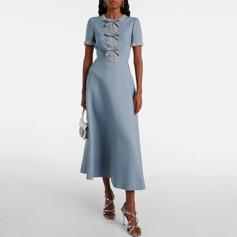 Cutout Midi Dress with Crystal Embroidery and Bow Details- - Seldom Seen Styles