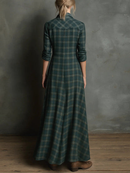 Green Plaid Lapel Single-Breasted Shirt Long Dress - Seldom Seen Styles