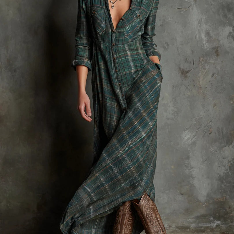 Green Plaid Lapel Single-Breasted Shirt Long Dress - Seldom Seen Styles