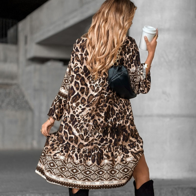 Elegant V-Neck Long-Sleeve Printed Dress