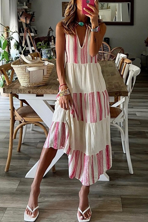 Dreamy Mood Linen Blend Ethnic Colorblock Print A-line Midi Dress - Seldom Seen Styles